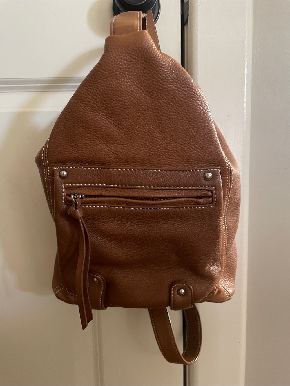 Tignanello Soft Tan Brown Leather Sling Daypack Carrier Satchel Shoulder Bag